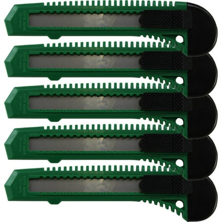 BULK Retractable Utility Knife 5 Pack 6 Inch Manual Lock Snap off Blade Large Size Plastic Body 8 Points Snap Blade Heavy Duty Stainless Steel Blade GREEN
