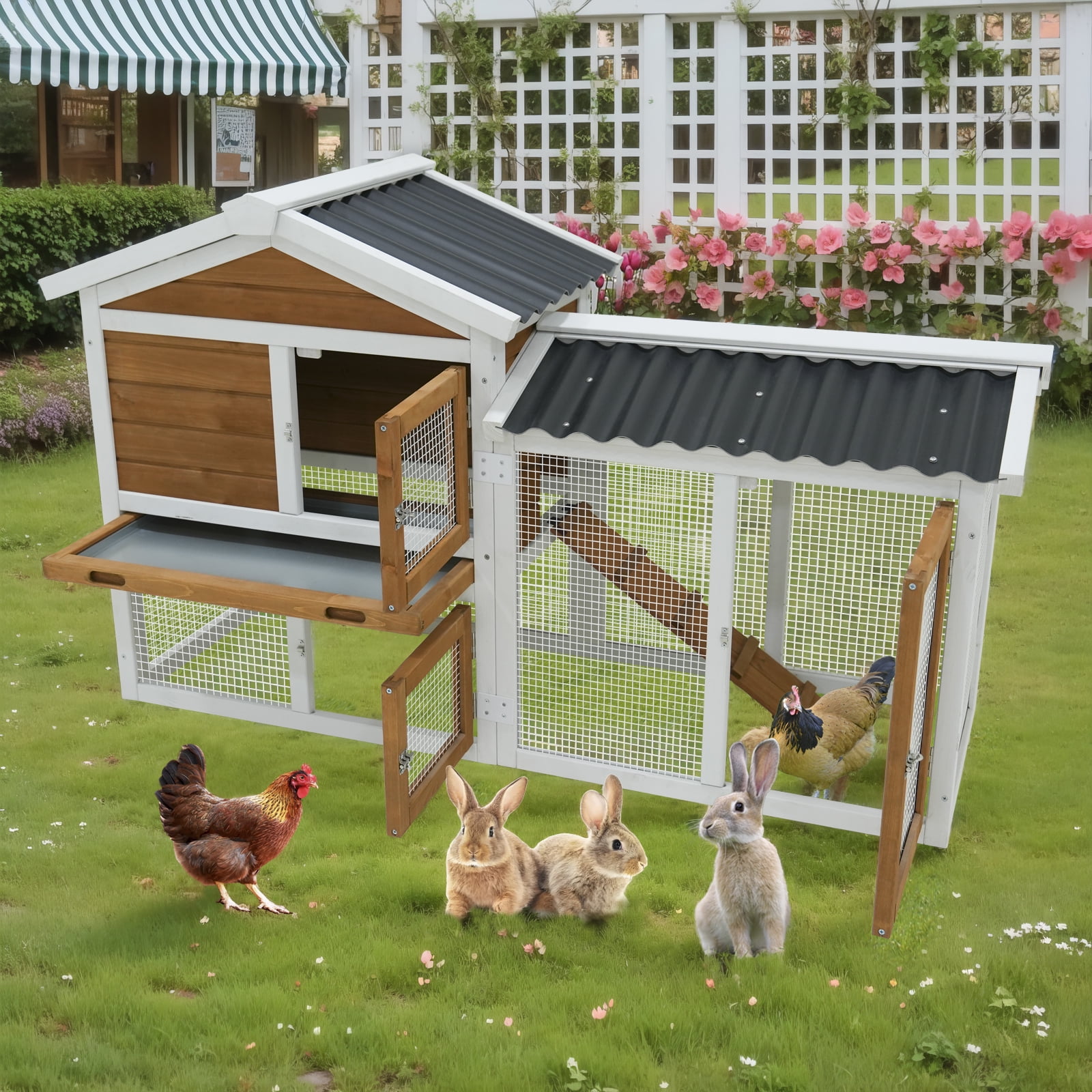 YIYADO 58” Wooden Rabbit Hutch, Waterproof Indoor Outdoor Bunny Cage with Stairs, Galvanized Cleaning Tray & 3 Doors for Small to Medium Animals (Rabbits, Guinea Pigs)