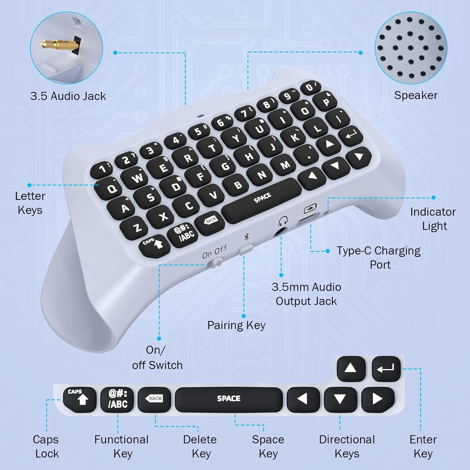 Bluetooth 3.0 Wireless Keyboard With Green Backlight for PS5 Controller,Mini Portable Gamepad Chatpad with Built-in Speaker&3.5MM Audio Jack, Voice Chat Board for Messaging&Gaming Live Chat,white