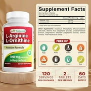 Best Naturals L-Arginine L-Ornithine - 1000 mg per Serving - 120 Tablets