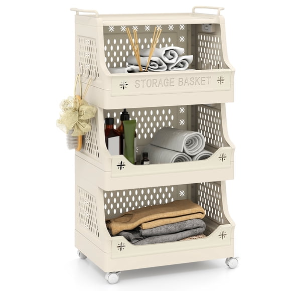 Gymax 4 Tier Rolling Laundry Basket w/ Wheels Stackable Plastic Storage Cart w/ Handles & Hooks