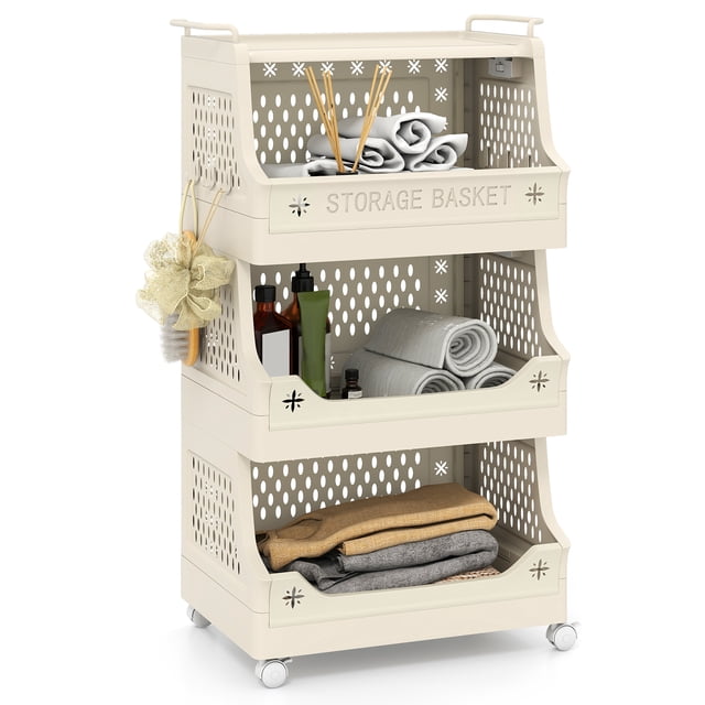 Gymax 4 Tier Rolling Laundry Basket w/ Wheels Stackable Plastic Storage Cart w/ Handles & Hooks