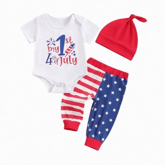 mgoYE Baby Boy Clothes 3-6 Months Newborn Baby Boy 4th of July Outfit 2026 American Flag Letter Embroidery Romper Stars Pants Hat Set Infant Independence Day|White 0-3 Months