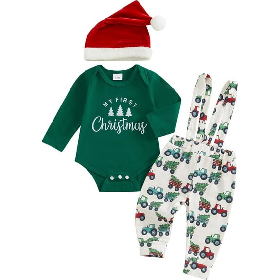 ATAIKU Newborn Baby Boy My First Christmas Outfits Infant Romper Cute Suspender Pants Overalls Outfits 3Pcs Clothes 0-3M