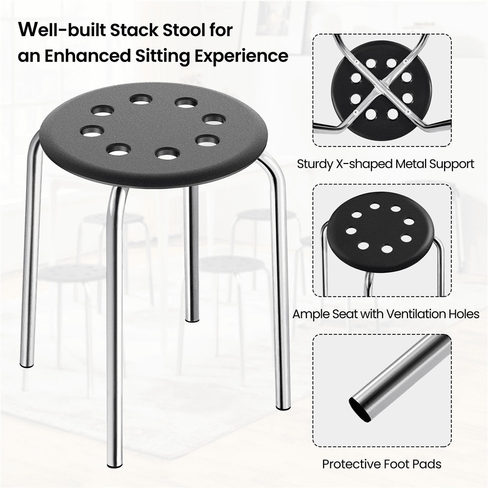 Alden Design Plastic Stackable Round Stools with 8 Holes for Home School, Silver