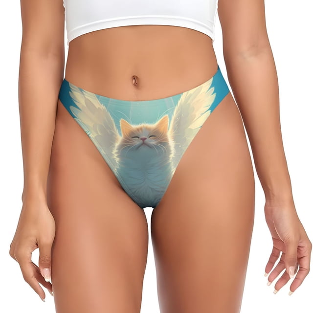 Balery Sunshine Cute Winged Cat Tangas de Algodón para Mujer con Estampado – Ropa Interior Sexy, Transpirable, G-string-3X-Large