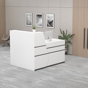 MONSLIPA L-Shape Reception Desk, Home Office Desk with Keyboard Tray, Open Shelves and Lockable Drawer,55 inch