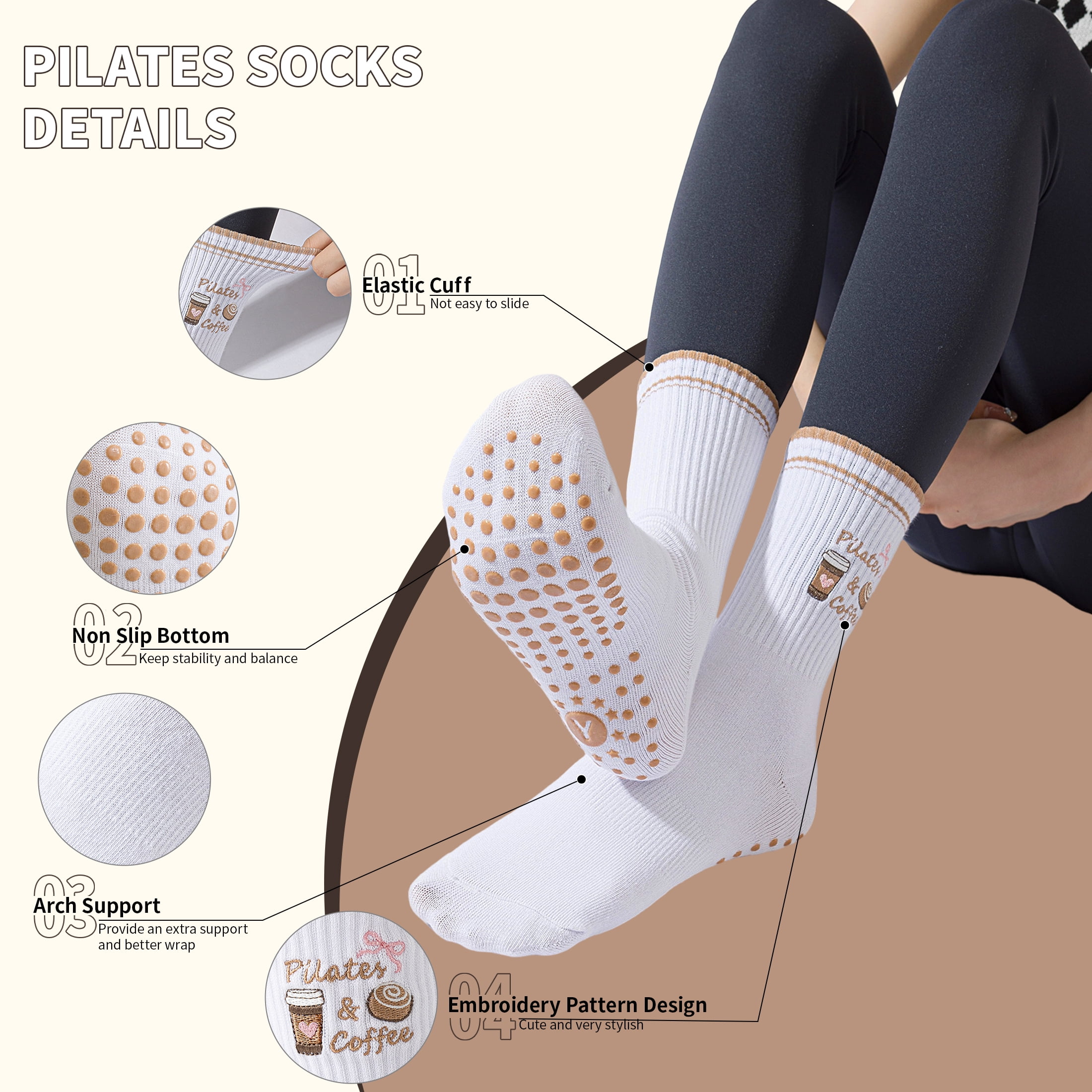 Yawlsow Pilates Grip Socks for Women, 4 Pairs Non Slip Yoga Socks with Ruffle Cuff Embroidery Pattern for Barre Ballet Workout, Hospital