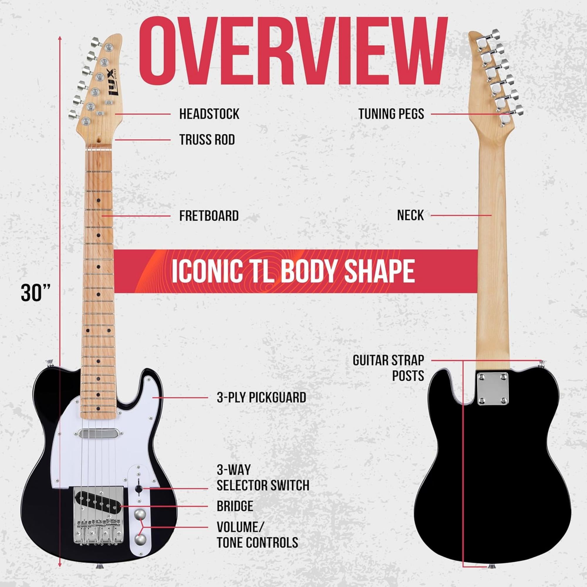 LyxPro Beginner 30" TL Series Electric Guitar, Paulownia Body, Black