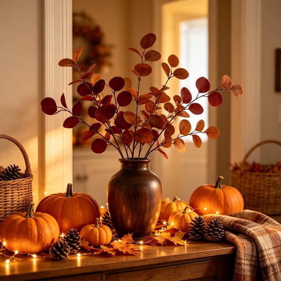 Miwamany Thanksgiving Artificial Eucalyptus Branch, 3-Prong Green Leaves Stem for Vase, Indoor Outdoor Fall Harvest Decor, Table Centerpiece for Home, Realistic Foliage
