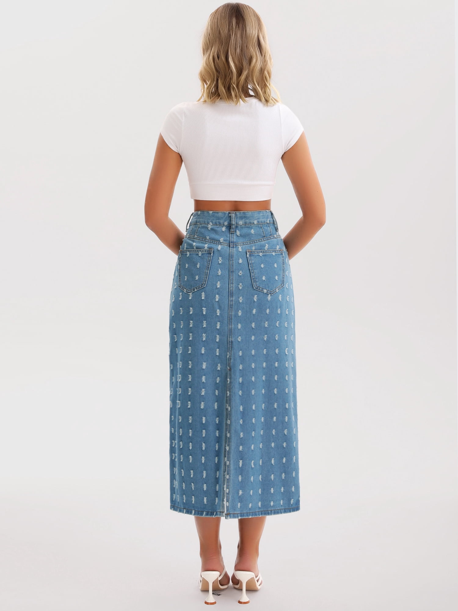 DARING DIVA Women's Denim Ripped Holes Back Slit Midi Jean Skirts Large Light Blue