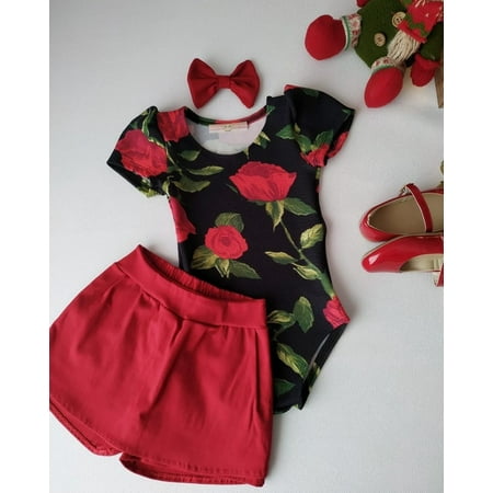 

Newborn Infant Rose Printing Short Sleeve Romper Solid Color Shorts Set Baby Girls Breathable Round Collar Jumpsuit with Short Trousers