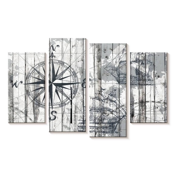 Elephant Stock Compass Wall Art - Horizontal Multi Panel Canvas - Living Room Wall Decor - Nautical Multi Panel - Gray And White Decor - 24" x 14"