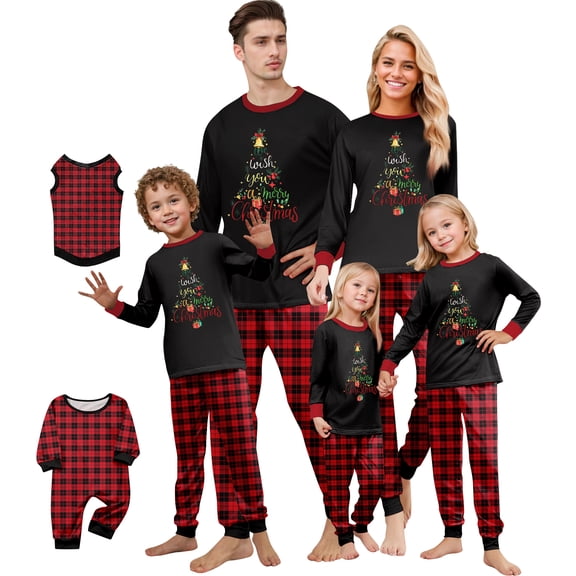 Christmas Family Pajamas Matching Set - 2 piece Black Christmas Tree Plaid Print Long Sleeve Top and Pants Sets, Casual Family Outfits Sets for M Pjs
