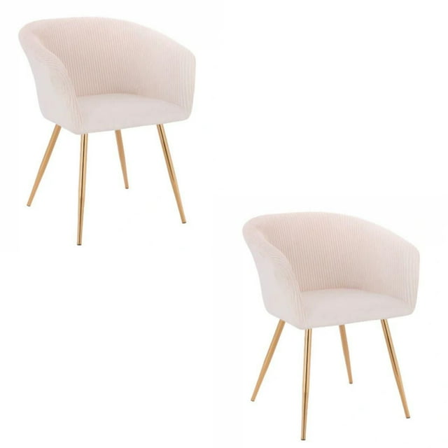 Elegant white velvet dining chair with rounded arms and gold metal legs displayed from front and side views.