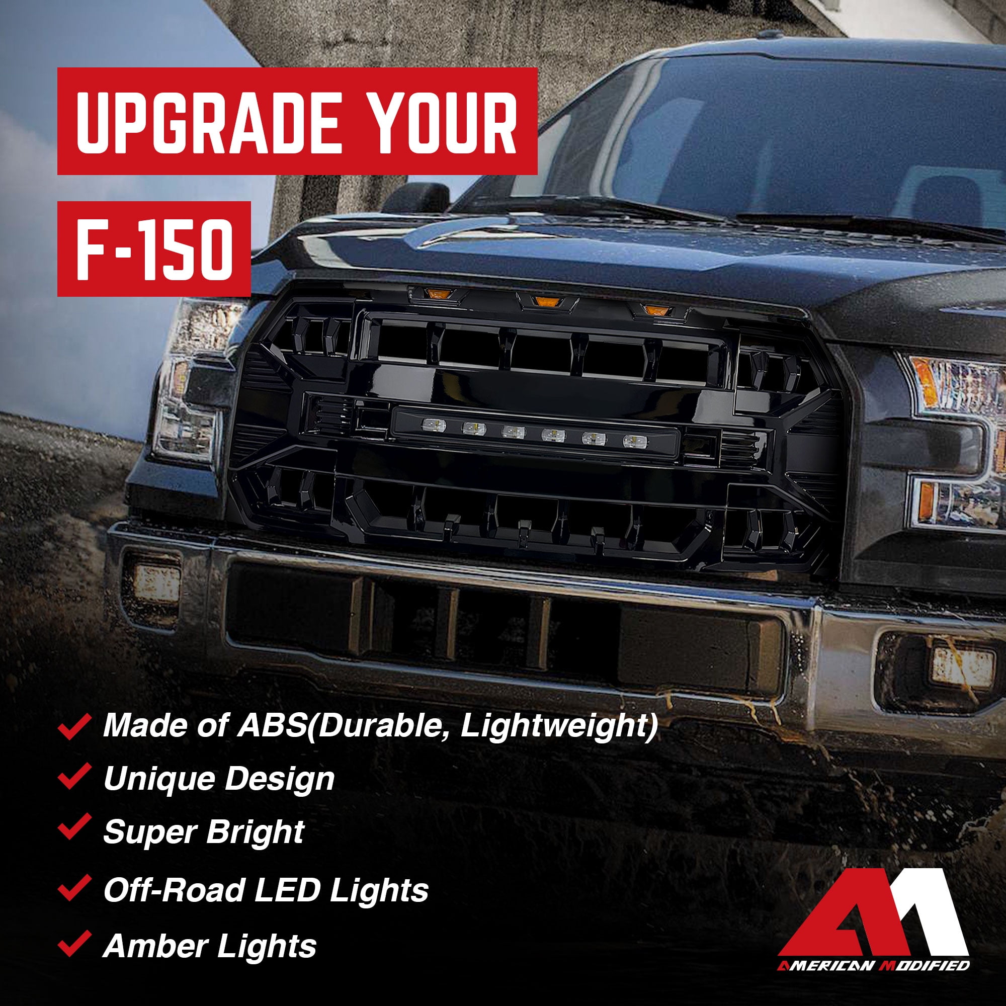 AMERICAN MODIFIED Armor Front Grille for 2015-2017 Ford F150, Glossy Black