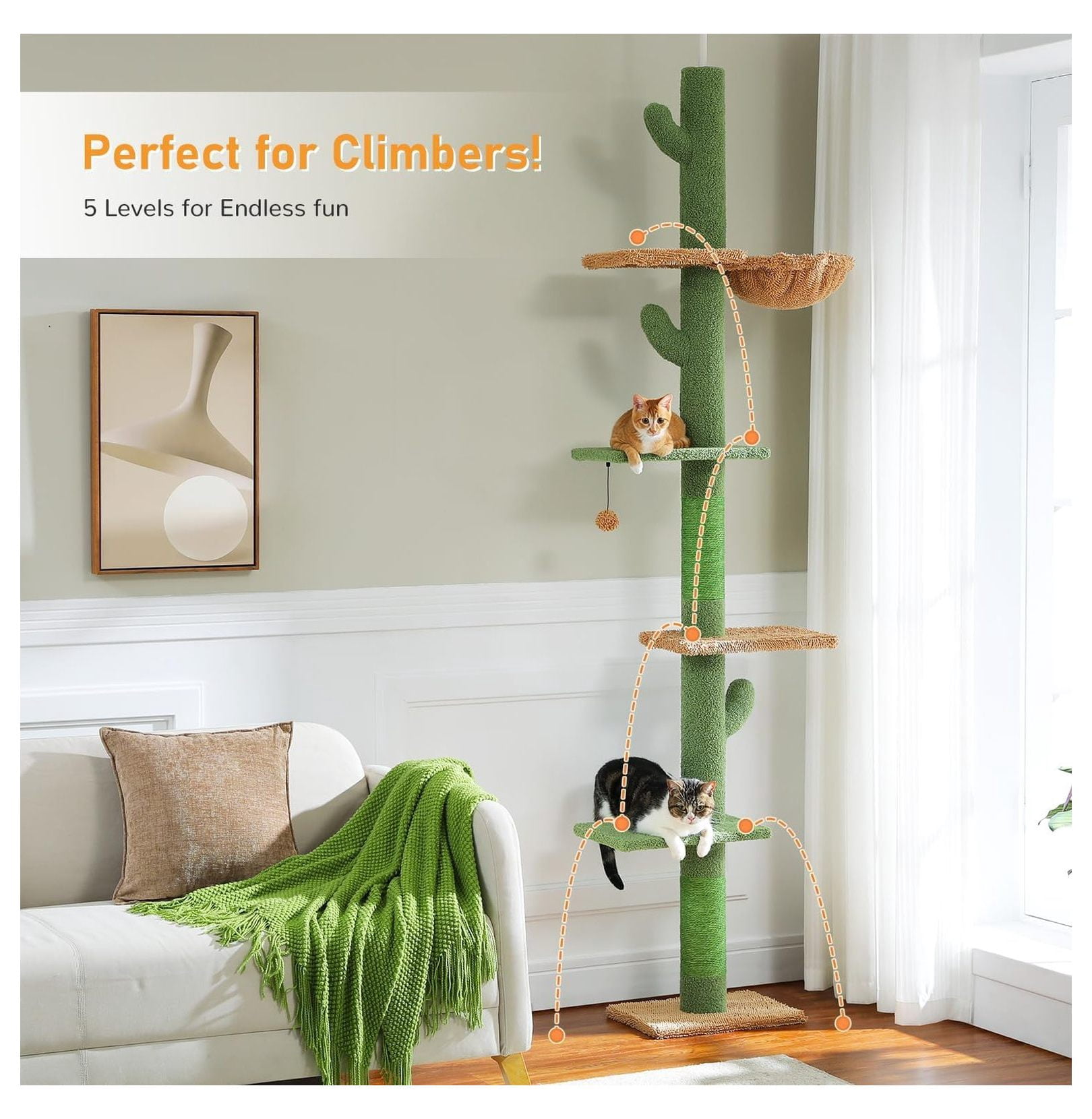 Cat Tree Cactus Tower, 95-108 Inch Adjustable Floor to Ceiling Cat Climbing Tower, 5 Level Cat Tree with Hammock & Scratching Posts for Indoor Cats