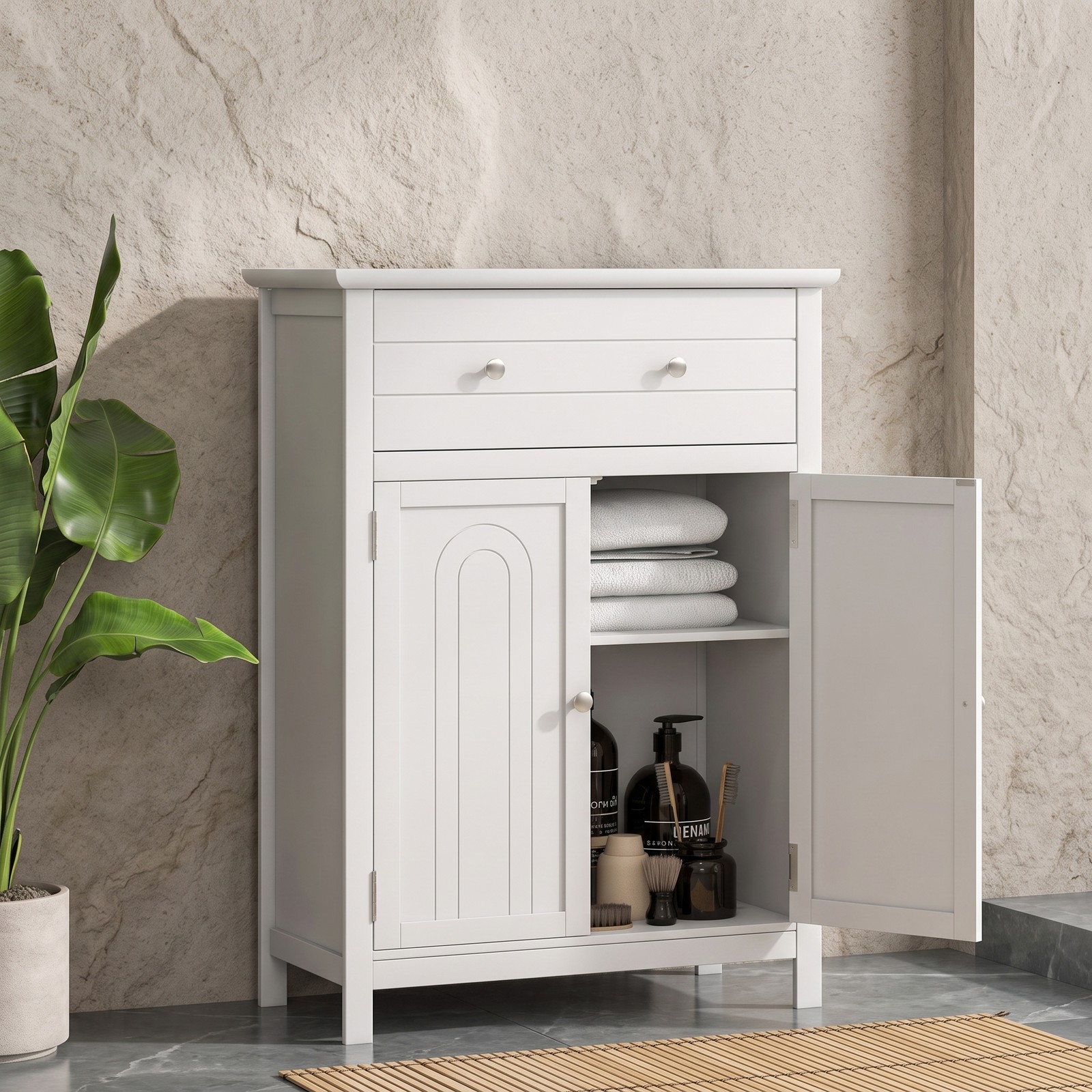 Fenbeli Free Standing Bathroom Storage Cabinet, 2-Door Floor Cabinet with Large Drawer and Adjustable Shelf, Waterproof MDF Side Organizer for Bathroom Living, White