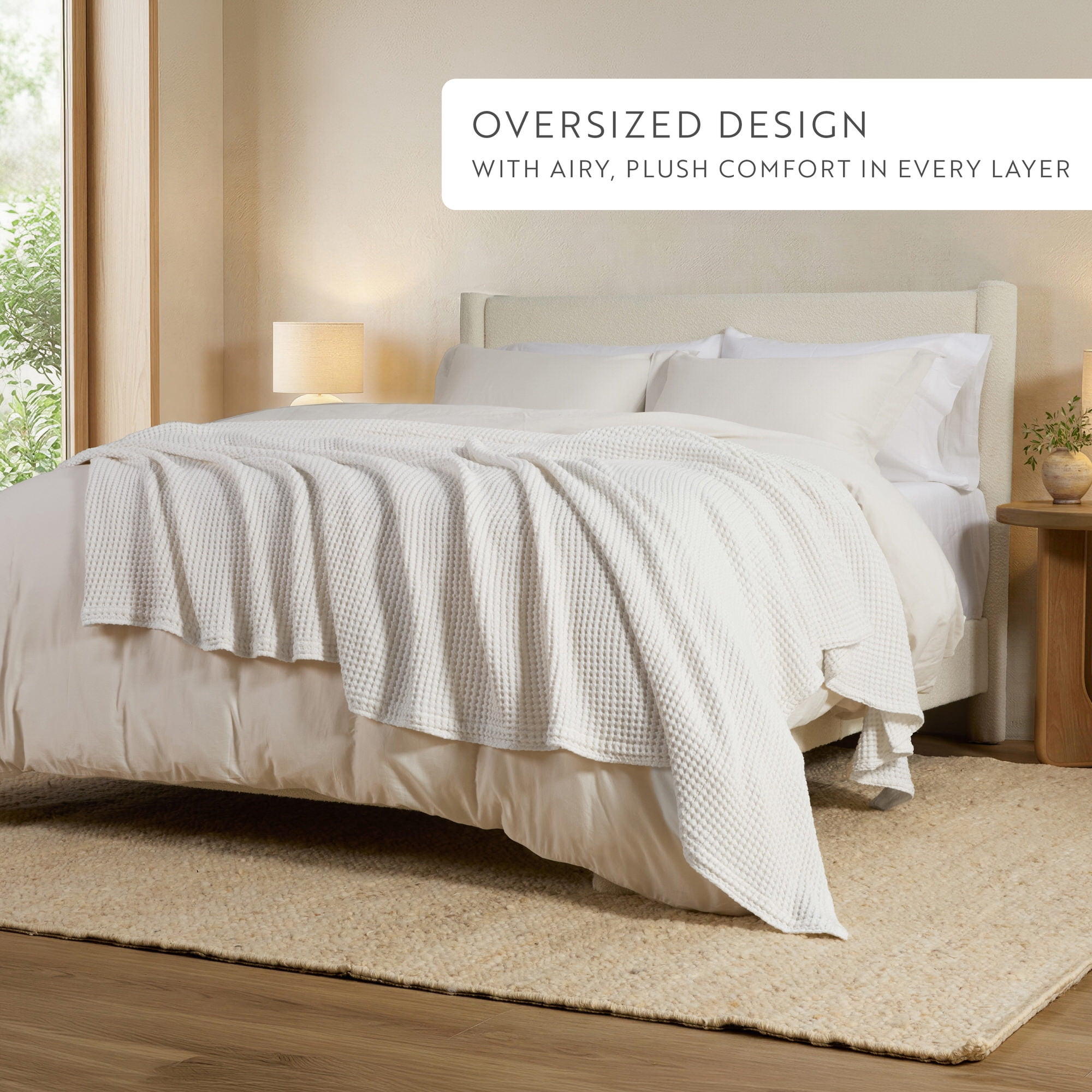 Noble Linens 100% Cotton Waffle Texture Bed Blanket, White, Full/Queen