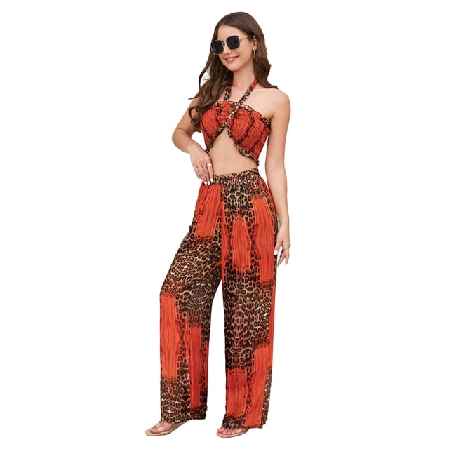Bienvenido Conjunto De Pantalones Largos Sin Tirantes para Mujer, Conjunto De Pantalones Largos con Estampado De Leopardo, Cuello Halter, Top De Verano, Pantalones Anchos, XL Naranja