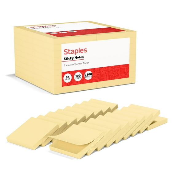 Staples Stickies Standard Notes 3" x 3" 100 Sh./Pad 36 Pads/PK (S-33YR36)