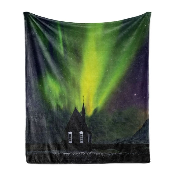 Iceland Soft Flannel Fleece Blanket, Shadowy Structure Silhouette under Colorful Night Sky with Aurora Borealis, Cozy Plush for Indoor and Outdoor Use, 70" x 90", Lime Green Indigo, by Ambesonne