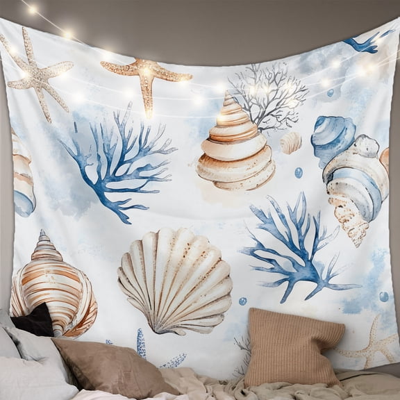 Coastal Ocean Small Tapestry for Bedroom Wall Hanging Tapestry,Blue Yellow Coral Starfish Shell Gradient Ceiling Backdrop Tapestries Poster Blanket Wall Decor for Teens Room Living Room 23" x 28"