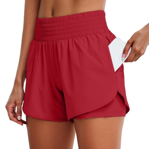 Arlun Running Shorts for Women Quick Dry High Waisted Athletic Short 2 in 1 Workout Gym Shorts with Zipper Pockets Casual Pure Color Smocked Elastic Waist Comfy Daily Wear Red XS