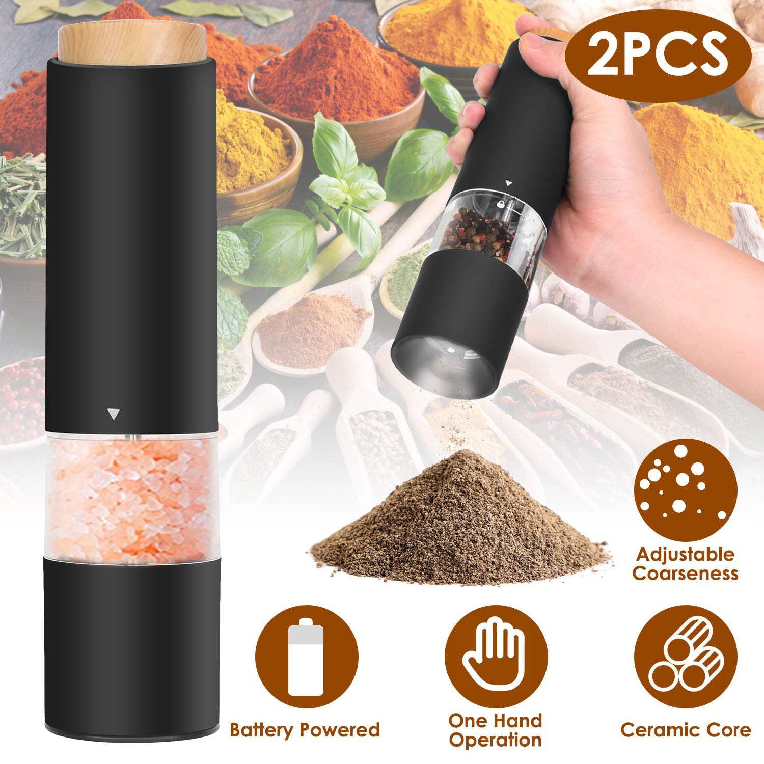 2Pcs Electric Salt and Pepper Grinder