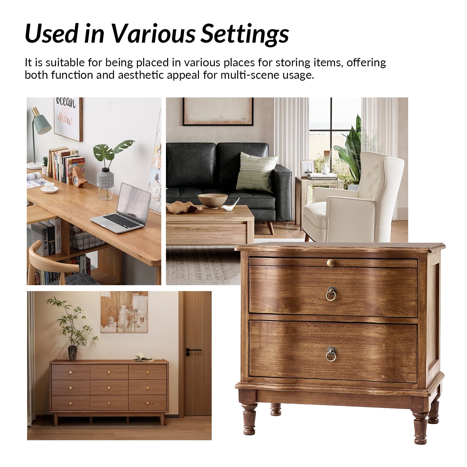 25" Traditional 2 Drawers End Table Solid Wood Set of 2 with Pull-out Tray and Charging Station Cherry