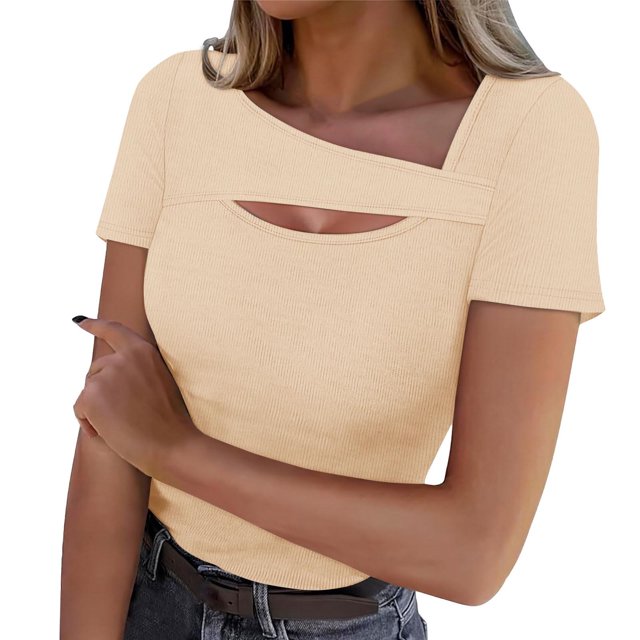 Lenpel T Shirts for Women Fashion Summer Short Sleeve Cutout Ribbed Knit Solid Color Slim Basic Tees Going out Tops