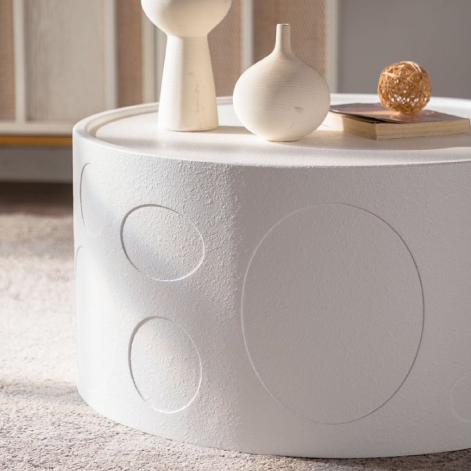 Leumius Round Coffee Table Handcrafted Relief Sturdy Pedestal Wooden Side Table for Living Room No Need Assembly White 1