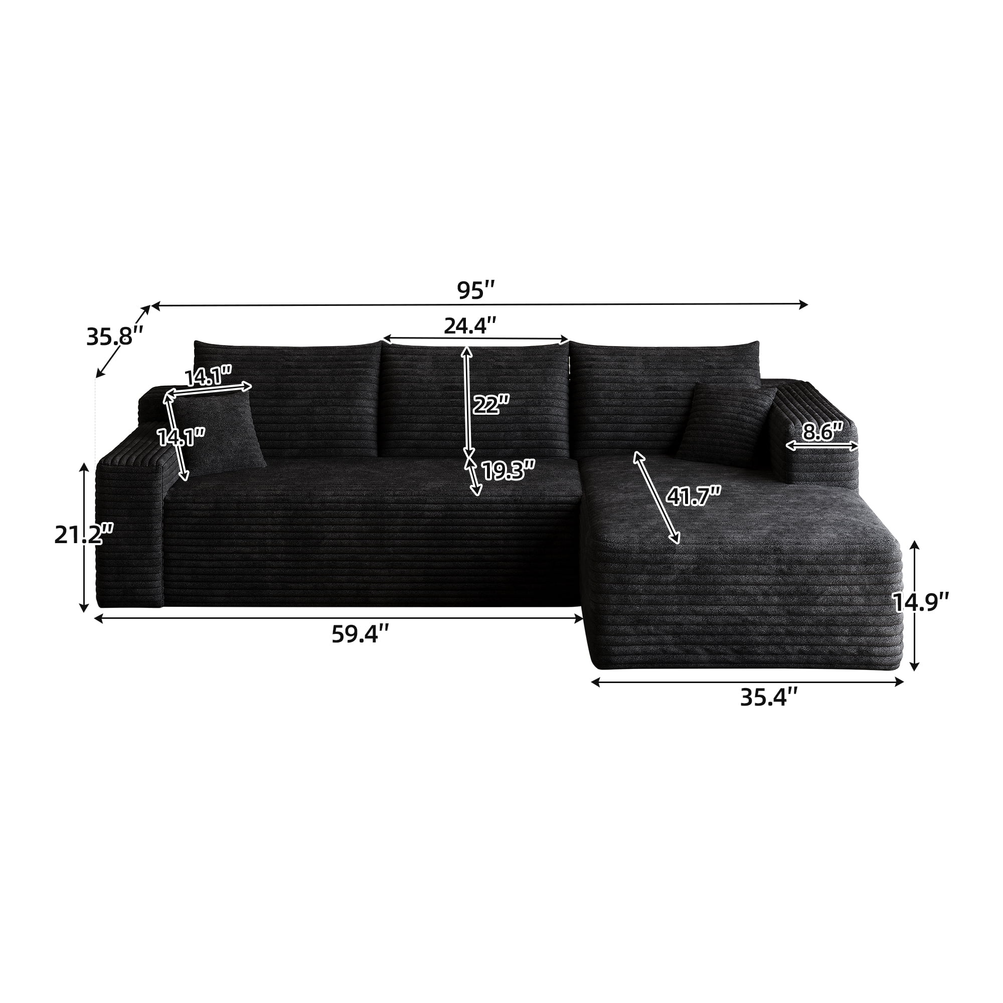 95-Inch Cloud Sectional Sofa with Plush Corduroy Fabric, U-Shaped Modular Couch and Corner Sofa for Living Room with Deep Seat, No Assembly Required, Black