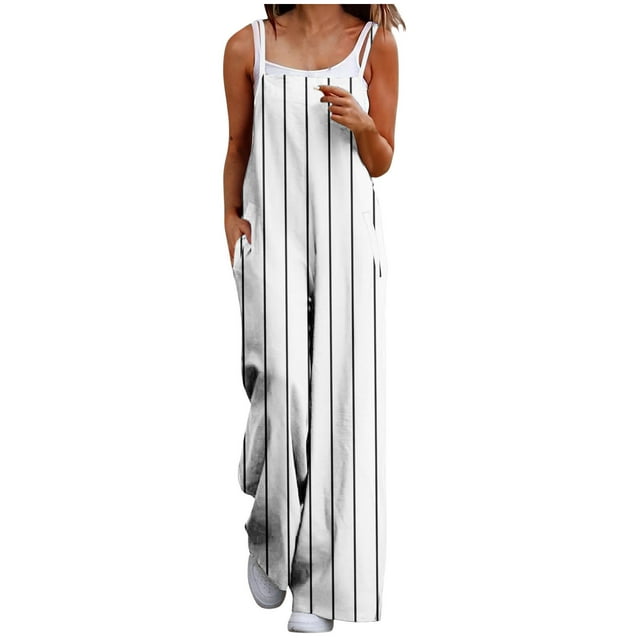aidice Summer Rompers for Women Spaghetti Strap Striped Side Split Casual Wide Leg Pants Jumpsuits with Pockets