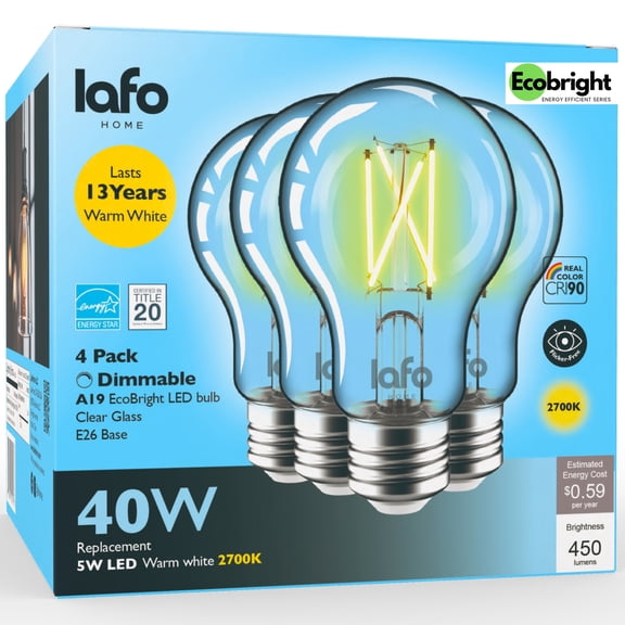 LafoHome EcoBright Vintage LED Edison Light Bulbs, A19 Clear Filament Bulb, 450 Lumens, 40W Equivalent, 2700K Warm White, E26, Dimmable, 4-Pack