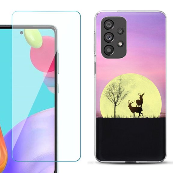 Slim-Fit Gel TPU Phone Case for Samsung Galaxy A33 5G, with Tempered Glass Screen Protector, by OneToughShield ® - Moonlight Deer