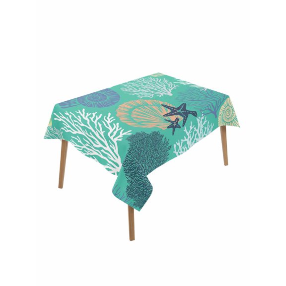 Aqua Gray Shell Coral Table Cloth, Coastal Summer Beach Nautical Ocean Waterproof Tablecloth for Rectangle Tables, Reusable Washable Fabric Table Cover for Restaurant Kitchen Dining Tables 52"x70"