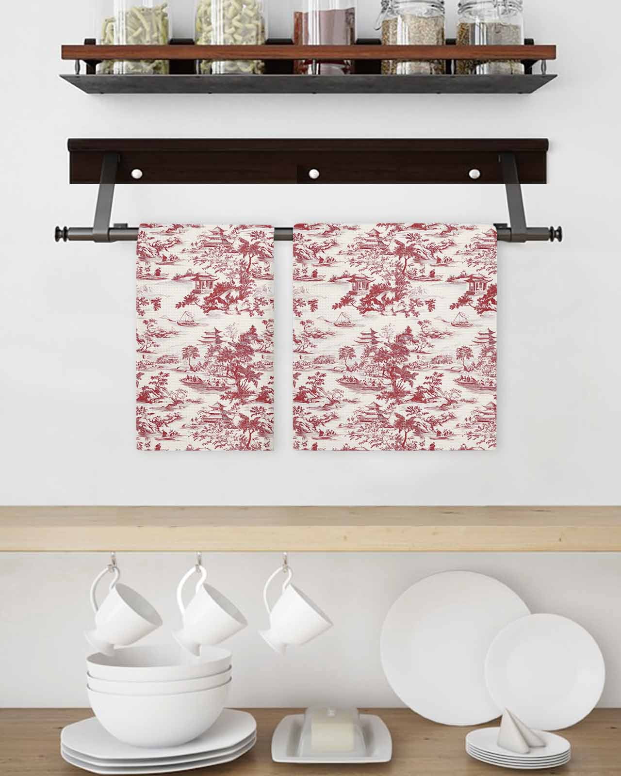 Red Garden Retro Kitchen Dish Towels for Drying Dishes Set of 4, Modern Art Building Tree Boat Waffle Weave Microfiber Terry Hand Tea Bathroom Towels Quick Dry & Absorbent Towel 15.7x23.6