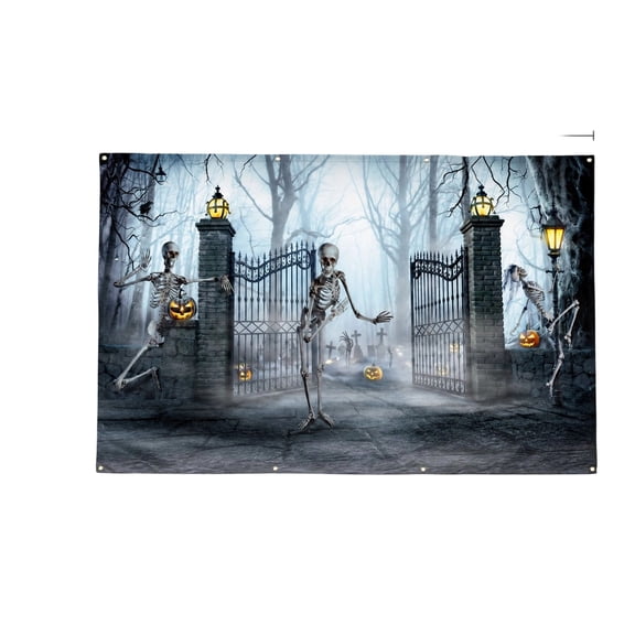 Halloween Garage Door Cover with Spooky Skeleton and Pumpkin Design, 1 Piece, Light Gray, for Outdoor Yard and Party, Decoration