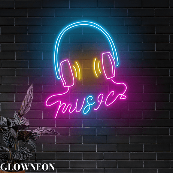 Glowneon Music Neon Sign, Music Headphone Led Sign, Music Studio Sign