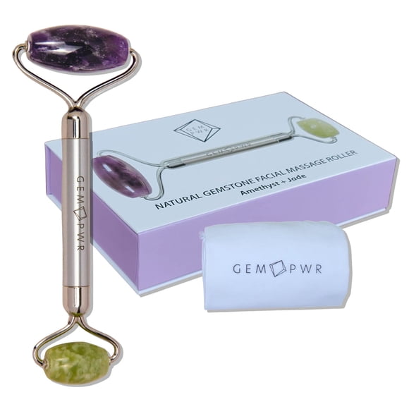 GEM PWR Rodillo de amatista + jade para masaje de rostro y cuello, piedras preciosas duales con mango de acero duradero y bolsa de viaje. Minimiza las arrugas, reduce la hinchazón y restaura la elasti