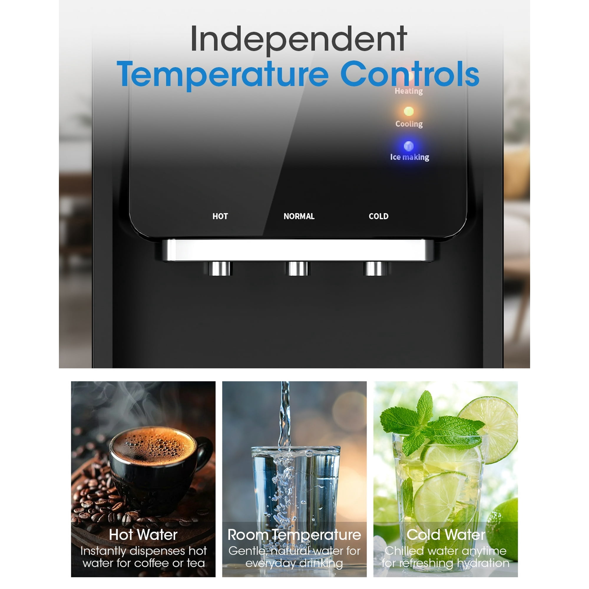 UrbanSync 4-in-1 Top-Loading Water Dispenser with Ice Maker, Hot, Cold and Room Temperature Water, Compatible with 3–5 Gallon Water Bottles, Child Lock, Suitable for Home and Office Use, Black