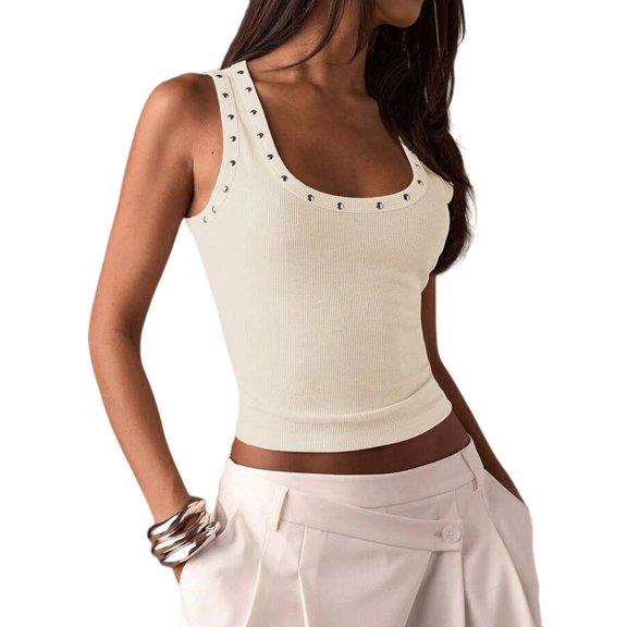Women's Studded Ribbed Knit Tank Top Square Neck Sleeveless Fitted Y2K Going Out Crop Tops Color S