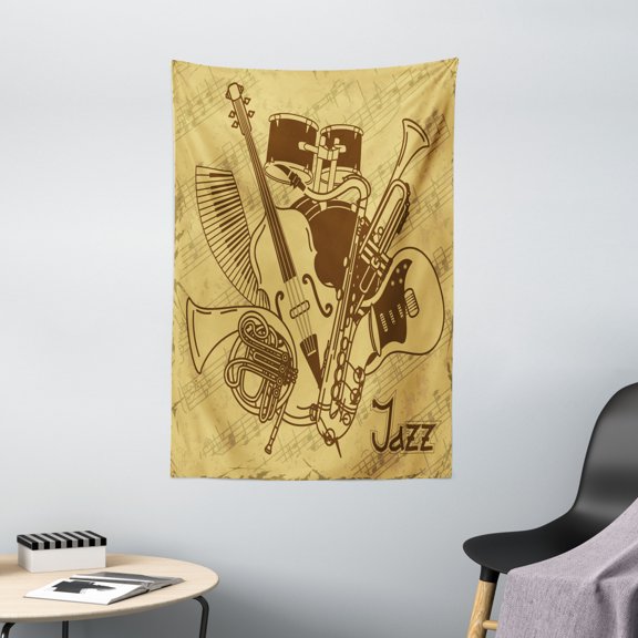 Music Tapestry, Jazz Music Equipments with Vintage Background Retro Style in Music Themed Print, Wall Hanging for Bedroom Living Room Dorm Decor, 40W X 60L Inches, Cream Brown, by Ambesonne