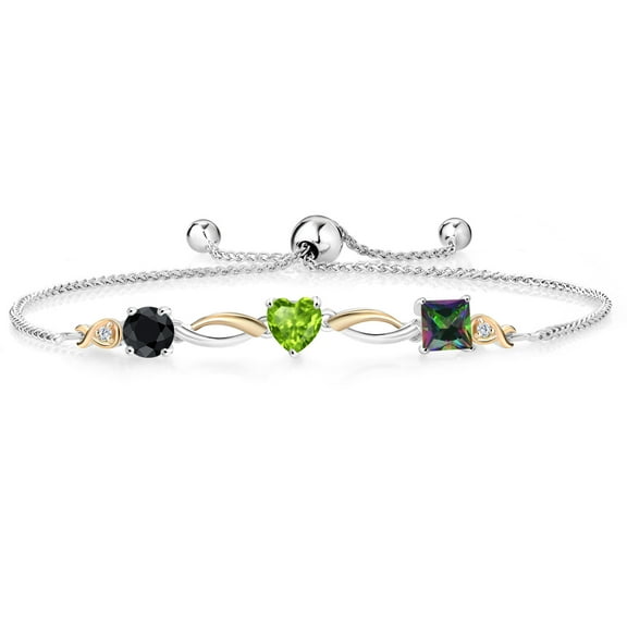 Gem Stone King 925 Silver and 10K Yellow Gold Black Sapphire Green Peridot Green Mystic Topaz and Lab Grown Diamond Tennis Bracelet for Women By Keren Hanan (2.26 cttw, Adjustable up To 9 inch)