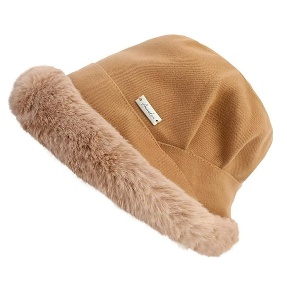 QKURT Winter Warm Hat for Women, Faux Fur Furry Bucket Hat Windproof Ear Protection Fisherman Cap, Cozy Fuzzy Hat Thermal Beanie with Soft Plush Lining