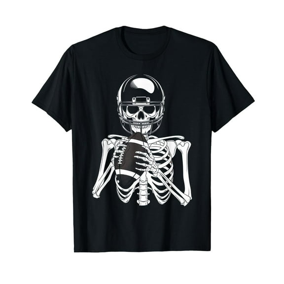 Cheerful Halloween Football Graphic Tee, Tops Has Skeleton with Football Design, Round Neck Regular Fit T - shirts, Size(S - 5XL)