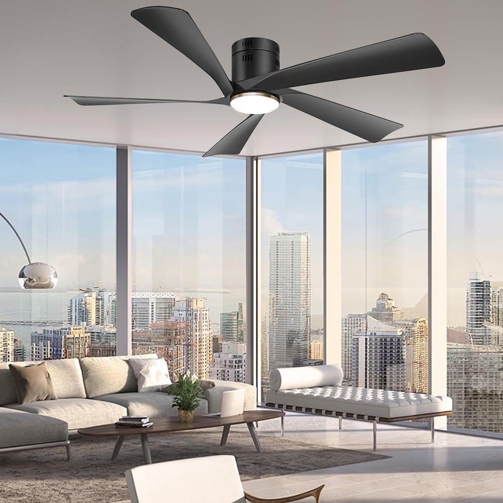 Ohniyou 52" Low Profile Ceiling Fan with Lights and Remote & APP Control Modern Flush Mount Indoor Outdoor Ceiling Fans, Dimmable, Silent DC Motor, Reversible, Black