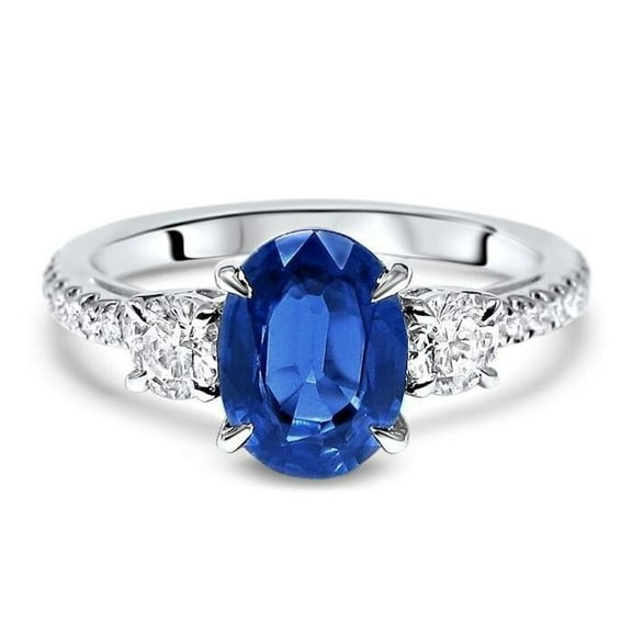 September Birthstone Ring, Oval Cut Blue Sapphire Diamond Engagement Ring, Three Stone Diamond Ring, Solitaire With Accents Diamond Ring, 14K White Gold Plated, 2.3 Ct Simulated Diamond