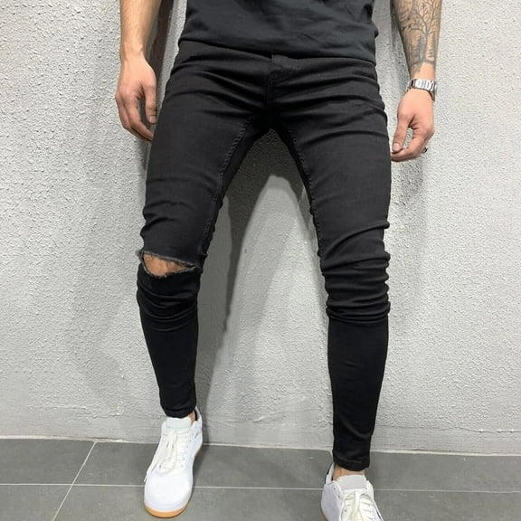 FYEGRE Retro Jeans Men's Stretch Slim Fit Ripped Distressed Straight Leg Denim Pants Motorcycle Style Trousers with Comfortable Flexible Fabric for Daily Casual Black L